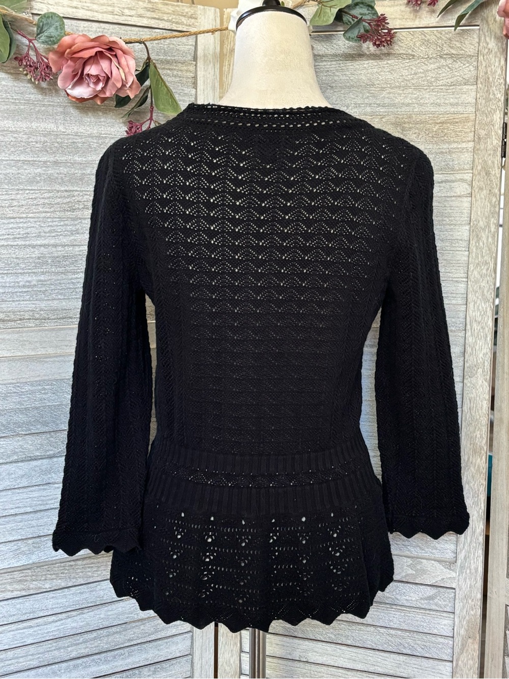 Y2K Vintage EXPRESS Black Crochet Knit Cardigan w/ Crochet Peplum, Women’s SZ LG - Picture 3 of 16